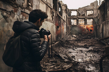Man photographing ruins.