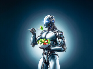 Fototapeta premium robot chef preparing salad, artificial intelligence assistant in the kitchen, replacing a person in the kitchen