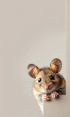 A curious mouse peeks out from behind a beige wall.