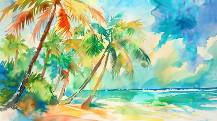 Fototapeta na wymiar Vibrant watercolor of a tropical beach