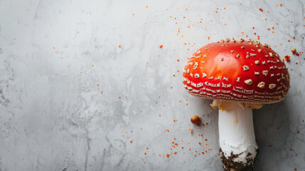 Vibrant red mushroom with white spots on a bright textured background with copy space for text. - obrazy, fototapety, plakaty