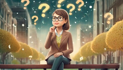 eine Frau nit großen Augen sitzend auf einen bank, überlegt, über ihr Kopf kreisen viele Fragezeichen.