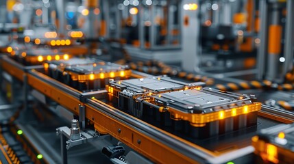 High capacity lithium ion battery module for the automotive electric vehicle sector over a conveyor belt manufacturing backdrop and space, Generative AI. - obrazy, fototapety, plakaty