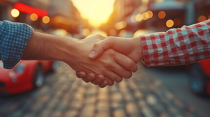 Close-up of a firm handshake between two people on a city street at sunset, symbolizing agreement, partnership, or greeting, with a blurred urban background. - obrazy, fototapety, plakaty