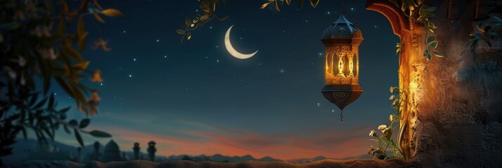 A glowing lantern hanging on the wall of an ancient house at night with a crescent moon in the sky background - obrazy, fototapety, plakaty