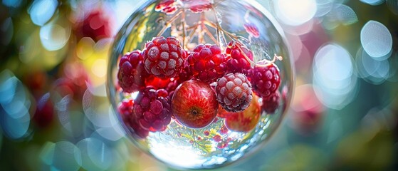 Translucent berries suspended in a glass orb vibrant