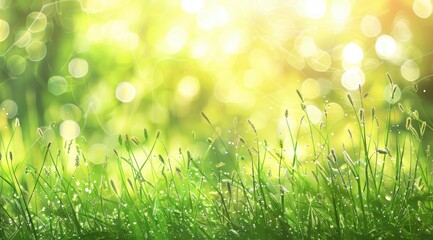 Beautiful blurred background of natural green grass and soft sunlight