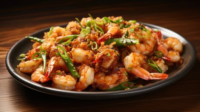 Prawns with chili and garlic on plate