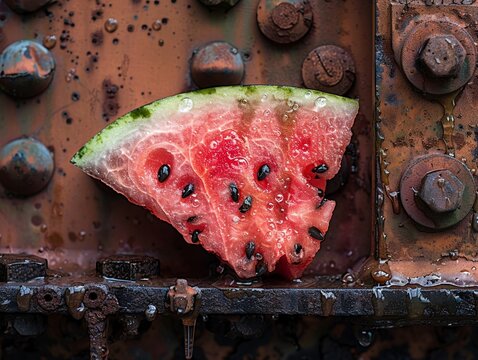 Watermelon slice amidst rusted mechanical parts water sheen