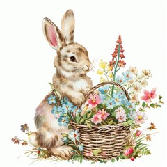 easter bunny with basket of spring flower	
