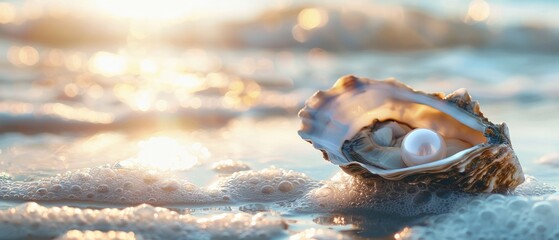 A pearl in an open oyster on the beach - obrazy, fototapety, plakaty