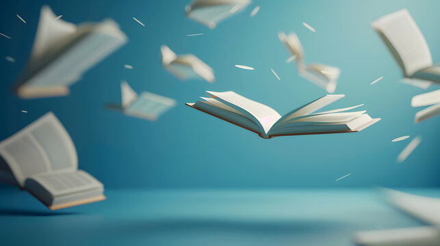 3D render of open books with pages flying out on a blue background