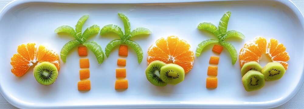 Palm trees made of kiwi and oranges on a white plate