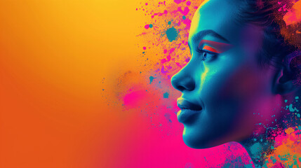 A woman's face is painted with bright colors and splatters of paint. banner graphic, one profile face, inspired by innovation, higher education, science, data, innovative thinking, with bright colors