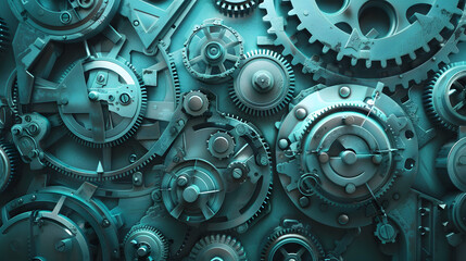 A 3D composition of clockwork gears, sprockets and robotic limbs on a brushed steel background, with a focus on an industrial arrangement and mechanical textures