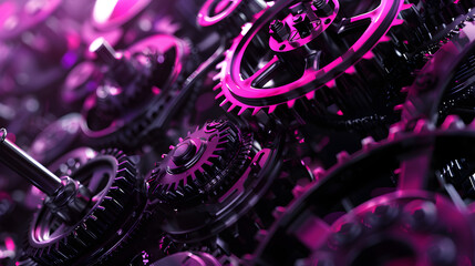 A 3D composition of clockwork gears, sprockets and robotic limbs on a matte black background, with a focus on an industrial arrangement and mechanical textures