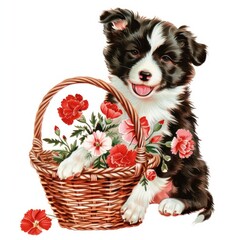 cute Border Collie puppy with a basket full of carnation flowers 1960s vintage watercolor