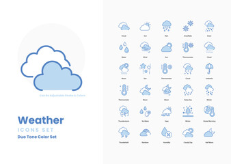 weather icons set such as, Sun, Cloud, Rain, Snow, Wind, Storm, Thunderstorm, Lightning, Hail, Fog, Mist, Drizzle,  vector illustration