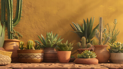 A 3D composition of succulents, clay pots and woven baskets on an earthy terracotta background, with a focus on an asymmetric arrangement and natural textures