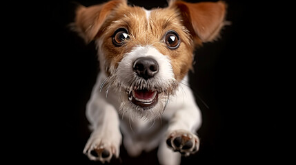 A dog with brown and white fur is looking up at the camera. The dog's nose is visible, and it is in a playful mood. Cute Jack Russell Terrier dog lovely portrait, nice not ordinary photos.