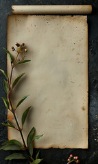 Rolled vintage manuscript with botanical decorations, radiating old-world charm.