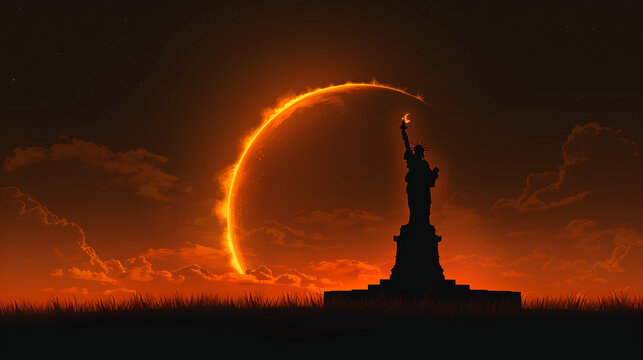 Statue of Liberty & solar eclipse.minimalist wallpaper.  Bold colors, day becomes night. copy space.