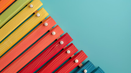 A colorful wooden xylophone on a teal background.