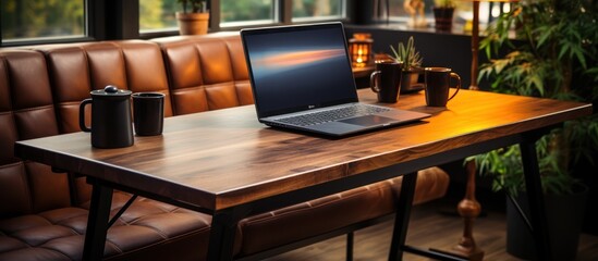 elegant luxury workplace. Modern computer, black leather mousepad on wooden table