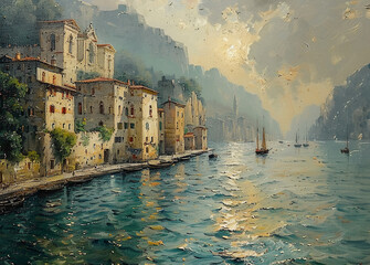 Oil painting, port city --ar 139:100 --stylize 750