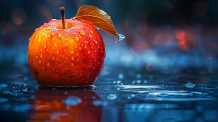   Red apple on surface with leaf and droplets
