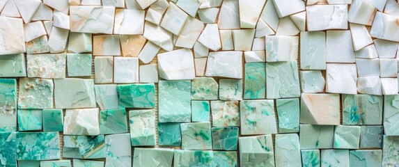 Mosaic pattern with an aqua and beige color palette, featuring different shades of green and white...