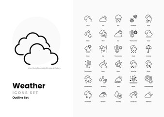 weather icons set such as, Sun, Cloud, Rain, Snow, Wind, Storm, Thunderstorm, Lightning, Hail, Fog, Mist, Drizzle,  vector illustration - obrazy, fototapety, plakaty