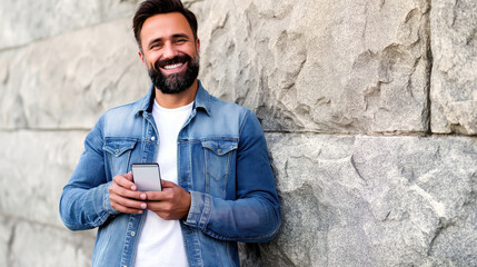 Obraz premium Digital Native, Tech Savvy Young Man using His Cellphone Outside Next to a Stone Wall, Generative AI