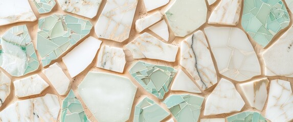 Mosaic pattern with an aqua and beige color palette, featuring different shades of green and white marble pieces for an elegant wall background.