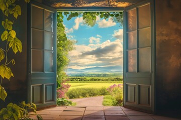 An inviting open doorway leading to a tranquil countryside scene with lush greenery and mountains under a blue sky.