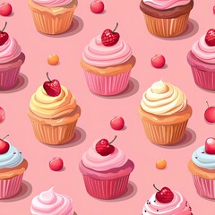 Vibrant Cupcake Assortment on Colorful Patterned Background