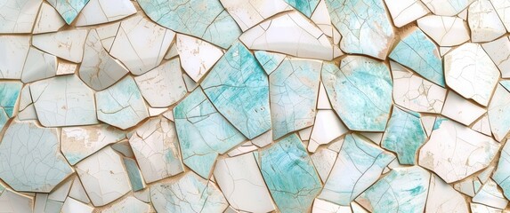 Mosaic pattern with an aqua and beige color palette, featuring different shades of green and white...
