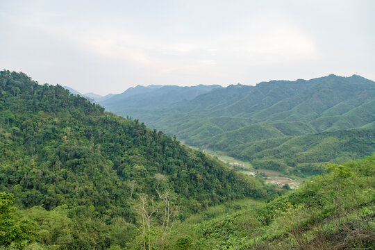 Beautiful mountain valley with evening sunset in nungba nature landscape image of manipur india.