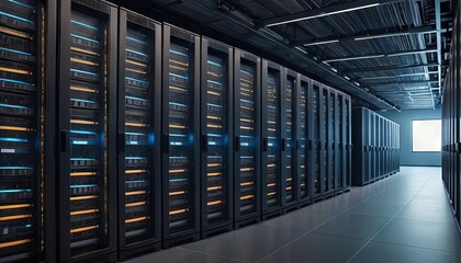 Corridor in a server room displaying rows of cabinets with blinking lights, embodying the dynamic world of data processing and cyber technology.
