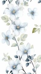 Gray flower petals and leaves on white background seamless watercolor pattern spring floral backdrop 