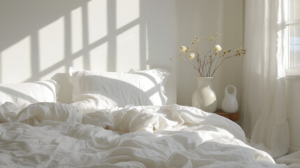 Fototapeta na wymiar White linen bedding on a comfortable bed