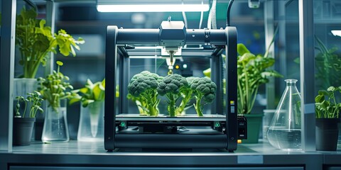 3D printer printing broccoli in a laboratory. Alternative food printing technology, space flights, military industry, synthetic fruits and vegetables, synthetic food, greens - 778851508