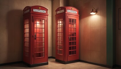 A pair of red telephone booths are positioned in an interior setting, creating a striking contrast with the surrounding neutral tones