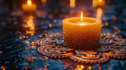   A lit candle rests atop a table, surrounded by candles arranged in the center of a doily - obrazy, fototapety, plakaty
