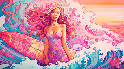 Dreamy surfer with a vibrant and ethereal aesthetic, reminiscent of a pink fantasy world