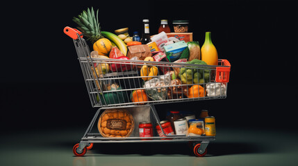 Supermarket shopping cart filled with groceries. Shopping cart full of food. Grocery and food store concept	