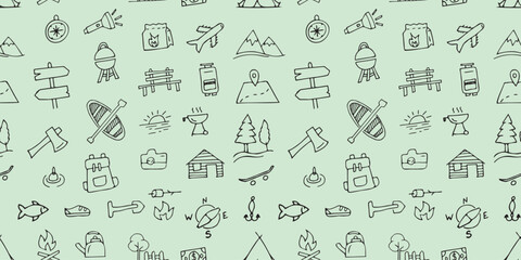 the pattern. seamless pattern. drawing. doodle. camping. trip. textiles. background. black lines. fire. nature. food. barbecue. fishing. a beautiful pattern. seamless.