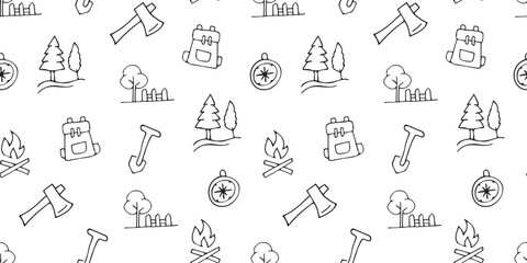 the pattern. seamless pattern. drawing. doodle. camping. trip. textiles. background. black lines. fire. nature. food. barbecue. fishing. a beautiful pattern. seamless.