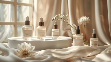 Premium skincare bottles on a luxurious silk-draped podium focus on sophistication and quality