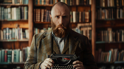 A male writer with a beard and a tweed jacket stands against a library background